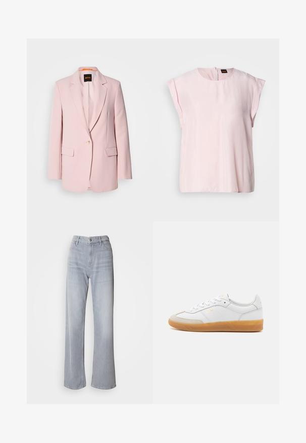 Rosa skræddersyet blazer med notched lapels, enkelt knaplukning, to frontlommer og en glat tekstur. Brandmærke synligt indeni kraven.; Lyserød, kortærmet top med rund halsudskæring og en subtil glans. Har en lynlås på bagsiden og en afslappet pasform. Glat tekstur.; Lys grå vidde jeans med høj talje, lavet af denim. Har forlommer, lynlås og subtil falmen over det hele.; Hvide lædersneakers med beige ruskindsdetaljer, gummisål og snøredesign. Har diskret branding i guld.