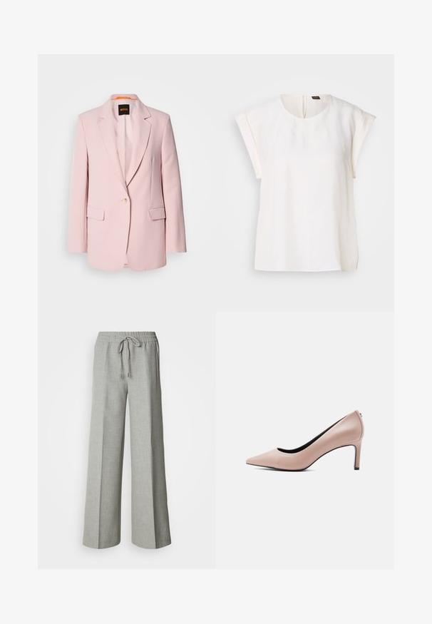 Rosa skræddersyet blazer med notched lapels, enkelt knaplukning, to frontlommer og en glat tekstur. Brandmærke synligt indeni kraven.; Hvid bluse med korte ærmer, rund halsudskæring og løs pasform, med et lille sort og orange mærke på bagsiden af kraven.; Lysegrå bukser med brede ben, elastisk taljebånd med snøre, forlommer og et subtilt tekstureret stof.; Beige spids-tå højhælet sko med en slank stilet-hæl på en ensfarvet hvid baggrund.