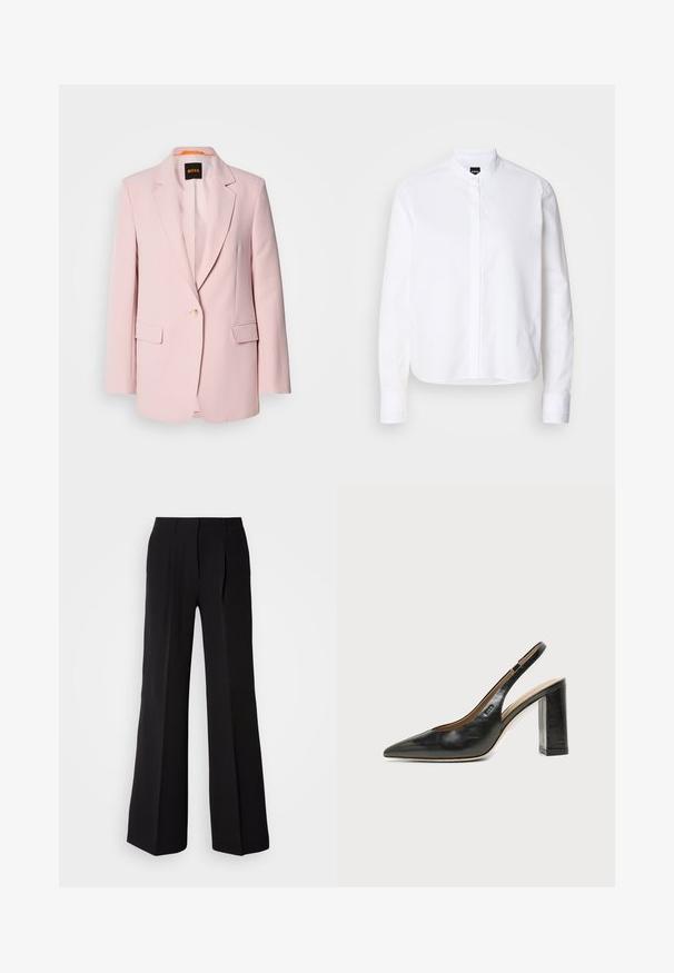 Rosa skræddersyet blazer med notched lapels, enkelt knaplukning, to frontlommer og en glat tekstur. Brandmærke synligt indeni kraven.; Hvid skjorte med krave, front placket, lange ærmer og knapmanchetter. Lavet af glat bomuldsstof med en struktureret pasform.; Sorte bukser lavet af glat stof, med høj talje, bred ben silhuet og to frontfolder for ekstra design detaljer.; Sort læder peep-toe slingback sko med høj blokhæl og beige indvendig foring mod en ensfarvet lys baggrund.