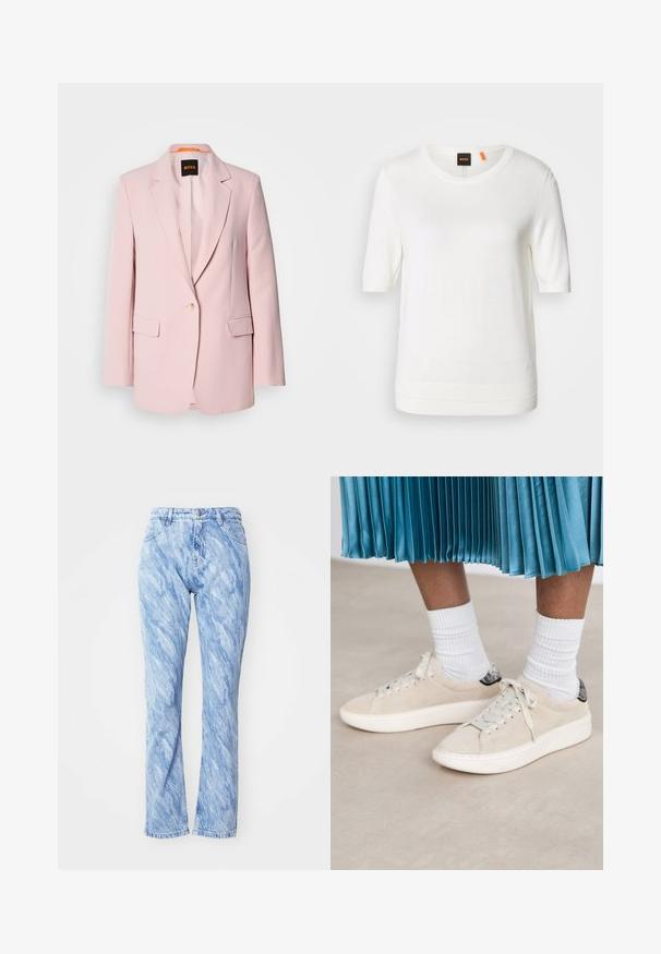 Roze op maat gemaakte blazer met geknipte revers, enkele knoopsluiting, twee voorzakken en een gladde textuur. Merktag zichtbaar aan de binnenkant van de kraag.; Witte korte mouw gebreide top met een ronde halslijn, ribbelzoom en zachte textuur. Logotag met oranje accent bij de kraag.; Lichtblauwe denim jeans met een golvend, gemarmerd patroon, met een hoge taille, rechte pijpen, vijf zakken en een knoopsluiting.; Beige suède sneakers met een witte rubberen zool en een vetersluiting. Geaccentueerd met een gestructureerde zwarte achtertab. Draag met witte geribbelde sokken.