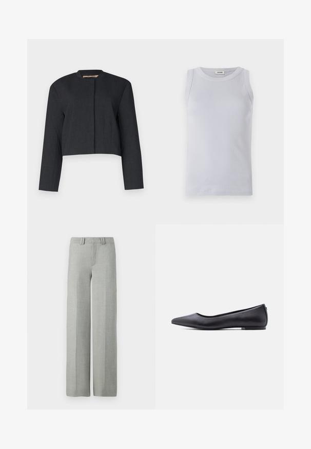 Afkortet mørkegrå jakke lavet af tekstureret stof, med lange ærmer og en rund halsudskæring samt et rent frontdesign.; Lyseblå ribbet tanktop med en rund udskæring. Glat tekstur og ærmeløst design med et diskret mærke på udskæringen.; Grå bredbensbukser i et letvægtsmateriale, med flad front, bæltehuller og rene, skræddersyede linjer uden synlige mønstre.; Sort flad lædersko med spidst tåparti og lav hæl, vist i sideprofil mod en hvid baggrund.
