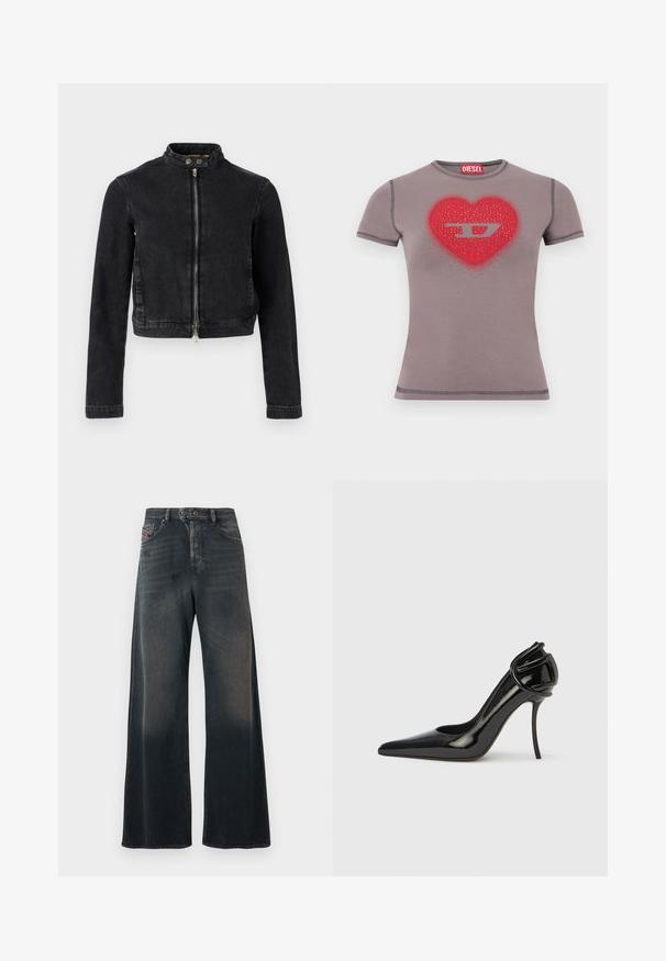 Sort denimjakke med cropped design, ståkrave, frontlynlås og knapdetaljer. Glat tekstur og minimalistisk stil.; Tilpasset grå T-shirt med korte ærmer, rød hjerte og sølv "D" logo dekoreret med små nitter på brystet.; Vidbenede jeans i mørk vaskede denim med en diskret falmet tekstur, der har en knapgylp og baglommer med syningsdetaljer.; Sort laklædersko med høj hæl, spids tå og åben hæl. Har en unik buet detalje ved hælen. Slank og glansfuld finish.