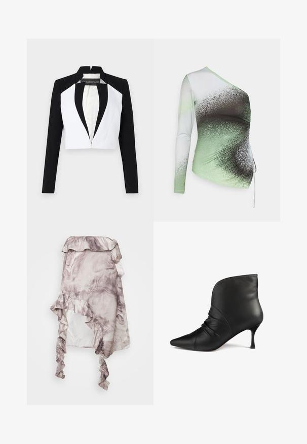 Blazer court avec des panneaux noirs et blancs, manches longues et fermeture éclair à l'avant. Présente un col cranté et une texture de tissu lisse.; Elleme ONE SHOULDER - T-shirt à manches longues - light green/white; ROKH MIDI SKIRT RUFFLES - Jupe trapèze - purple; L37 END OF THE NIGHT - Bottines - black