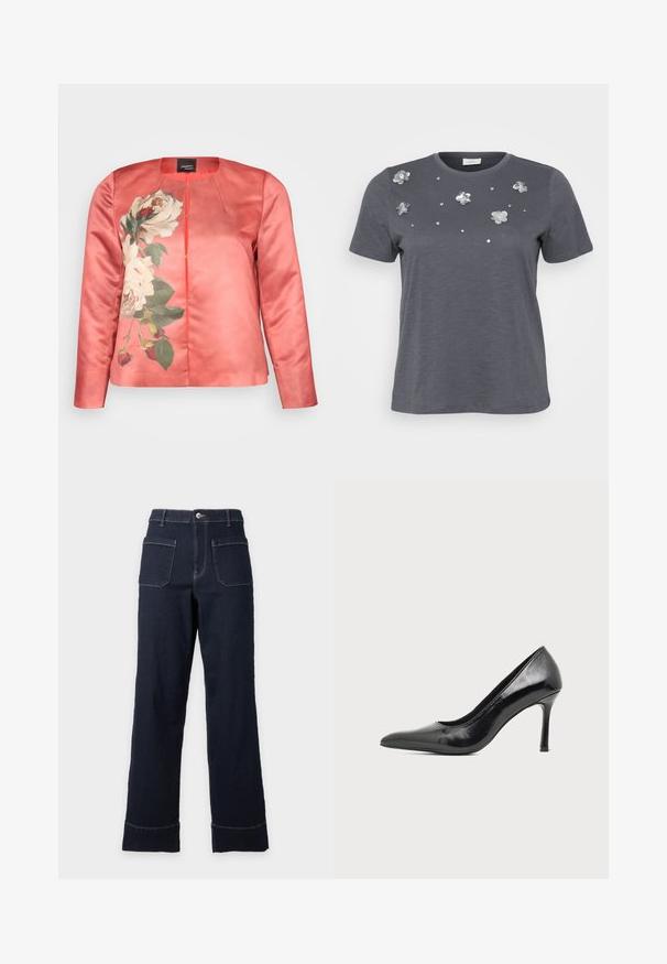 Veste en satin corail présentant un motif floral de roses blanches et de feuilles vertes, avec un col rond et une fermeture à l'avant. Manches longues incluses.; T-shirt en coton gris à manches courtes, avec des appliqués floraux métalliques et des sequins disposés sur le devant. Texture douce, coupe décontractée.; Jean bleu foncé à jambes larges avec poches plaquées sur le devant, coutures visibles, passants de ceinture, fermeture par bouton et ourlets retroussés sur fond clair.; Chaussure à talon haut pour femme en cuir verni noir avec bout pointu et talon fin sur fond clair uni.
