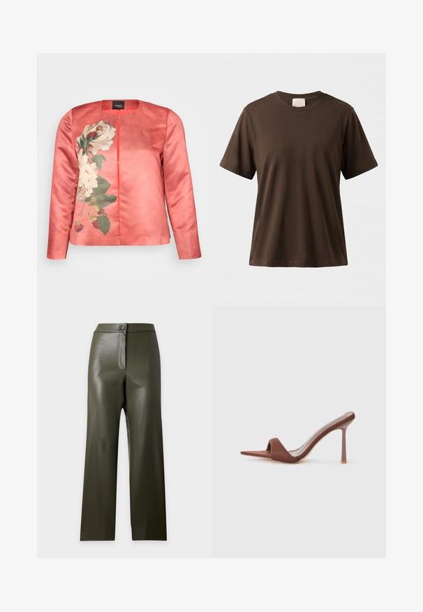 Veste en satin corail présentant un motif floral de roses blanches et de feuilles vertes, avec un col rond et une fermeture à l'avant. Manches longues incluses.; T-shirt marron uni à manches courtes et col rond avec une coupe décontractée, présenté sur un fond neutre.; Pantalon droit taille haute en similicuir vert olive foncé avec bouton et fermeture éclair cachée à l'avant.; Sandales à talons marron avec un bout pointu, fabriquées en tissu lisse. Présentent un design minimaliste avec un haut talon aiguille et un dos ouvert.