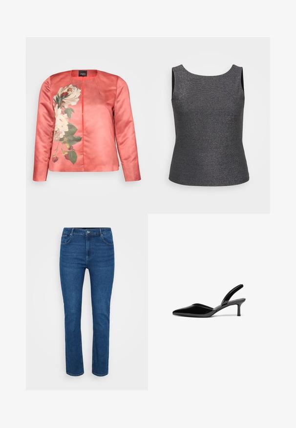 Korallfarvet satinjakke med blomsterprint af hvide roser og grønne blade, rund neckline og lukning foran. Lange ærmer inkluderet.; Ärmeloses top i mørkegrå med metallisk glans, med en rund halsudskæring og en tætsiddende form, lavet af et struktureret stof.; Blå denim jeans med lige ben design, med kontrasterende syninger, fem-lomme stil og en metalknap lukning i taljen.; Sorte patentlæder slingback hæle med spids tå, lav stiletto hæl og et elegant, enkelt design uden pynt.