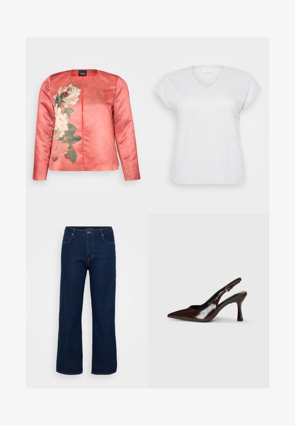 Veste en satin corail présentant un motif floral de roses blanches et de feuilles vertes, avec un col rond et une fermeture à l'avant. Manches longues incluses.; T-shirt blanc à manches courtes et en V avec une texture scintillante subtile, offrant une coupe décontractée et sans motifs ni accents visibles.; Jean en denim bleu foncé avec une coupe droite, dotés d'une fermeture éclair, de cinq poches et de coutures visibles.; Talons slingback en cuir verni brun avec un bout pointu, un talon fin, et une sangle réglable avec une petite boucle.