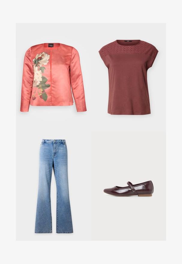 Veste en satin corail présentant un motif floral de roses blanches et de feuilles vertes, avec un col rond et une fermeture à l'avant. Manches longues incluses.; Haut mauve à manches courtes avec détail en dentelle florale brodée sur la partie supérieure de la poitrine et les épaules, col rond, coupe ample.; Jean en denim bleu clair taille haute avec bouton et fermeture éclair à l’avant, style cinq poches et jambes larges légèrement évasées.; Chaussure plate Mary Jane bordeaux avec bout arrondi, finition brillante, bride latérale ajustable avec boucle argentée et semelle basse couleur tan.