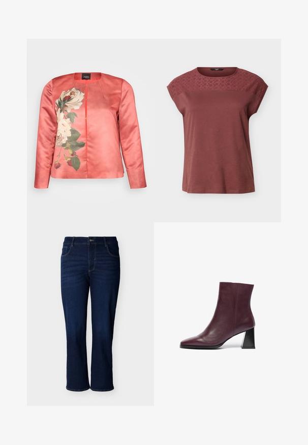 Veste en satin corail présentant un motif floral de roses blanches et de feuilles vertes, avec un col rond et une fermeture à l'avant. Manches longues incluses.; Haut mauve à manches courtes avec détail en dentelle florale brodée sur la partie supérieure de la poitrine et les épaules, col rond, coupe ample.; Jean droit en denim bleu foncé avec bouton frontal et poches, présenté sur un fond blanc uni.; Bottine en cuir bordeaux à bout pointu et à talon géométrique noir épais ; texture lisse avec des détails de couture minimaux.