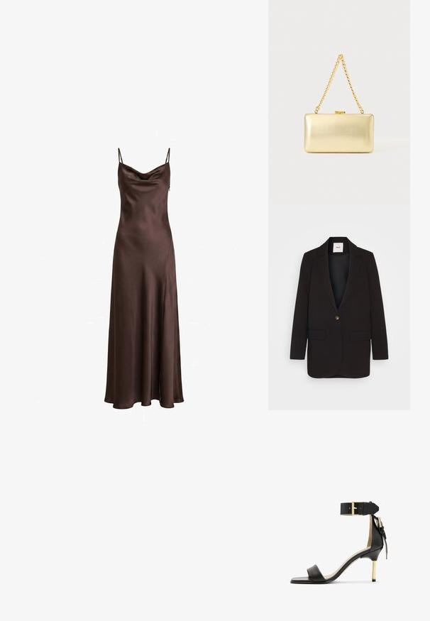 Blazer noir avec une fermeture à un bouton, deux poches avant, revers crantés et une texture lisse. Étiquette visible à l'intérieur du col.; Robe nuisette en satin brun foncé sans manches avec un décolleté drapé et un ourlet jusqu'au sol.; Sandale à talon en cuir noir avec un bout carré, une bride de cheville dotée d'une boucle en or et un talon métallique fin. Texture lisse, design minimaliste.; Pochette rectangulaire dorée à finition brillante, fermoir en métal et courte anse en chaîne dorée sur un fond uni clair.