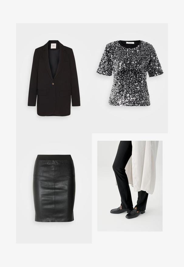 Blazer noir avec une fermeture à un bouton, deux poches avant, revers crantés et une texture lisse. Étiquette visible à l'intérieur du col.; T-shirt noir à manches courtes recouvert de paillettes argentées brillantes, avec un col rond et une finition textile lisse. Étiquette visible au niveau du col.; Jupe crayon noire en cuir lisse, dotée d'une taille élastique pour une silhouette ajustée et un design minimaliste.; Mocassins en cuir noir avec un bout carré et un petit talon carré, associés à un pantalon noir ajusté et une couche extérieure blanche fluide.