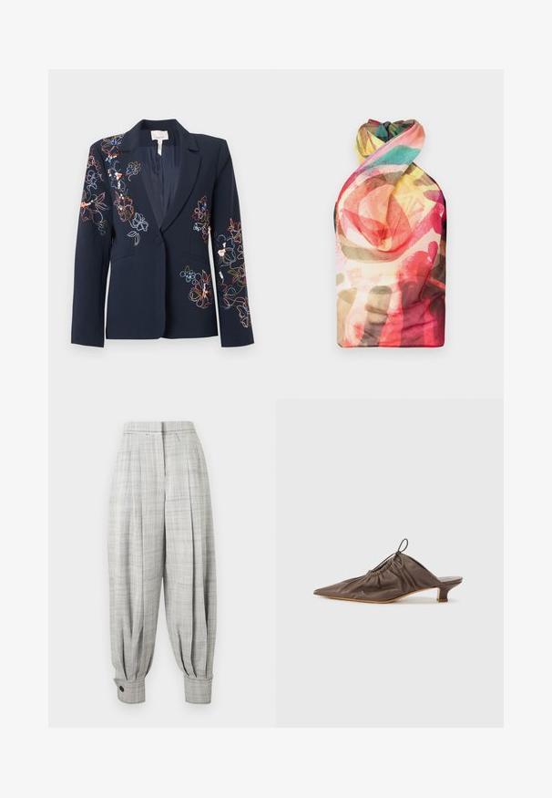 Blazer bleu marine avec fermeture à un bouton arborant une broderie florale colorée sur l'épaule gauche, la manche droite et les poches avant.; Paolina Russo WRAPPED HALTER - Débardeur - acid brown; Pantalon taille haute gris clair, coupe fuselée, motif écossais subtil, devant plissé et poignets à boutons à la cheville.; Mule en cuir marron avec un bout pointu, texture froncée, petit talon et un accent de cordon de serrage à l'ouverture. Fini lisse.