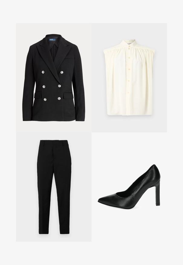 Sort dobbeltradet blazer lavet af glat stof, med sølvfarvede knapper, hakket revers, to forlommer og et slankt snit.; Cremefarvet ærmeløs bluse med høj hals, knaplukning og samlede detaljer på skuldrene. Glat stoftekstur.; Sorte bukser med en skræddersyet pasform, der har sidelommer, en glat tekstur og et strømlinet design, der bliver smalere mod anklerne.; Sort højhælet pumpe lavet af struktureret syntetisk materiale, med spids tå, udskæringsdesign og en høj blokhæl.