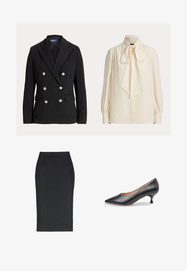 Blazer noir croisé en tissu lisse, avec des boutons argentés, un col cranté, deux poches avant et une coupe slim.; Blouse crème à manches longues avec un col montant et un grand nœud noué au cou, avec des épaules froncées et des manches à poignets.; Jupe crayon noire longueur genou avec taille ajustée et pinces avant discrètes pour la mise en forme, présentée à plat sur fond blanc.; Escarpin en cuir noir avec bout pointu et talon bas évasé. Texture lisse avec détails de couture minimalistes, doté d'une semelle intérieure beige.