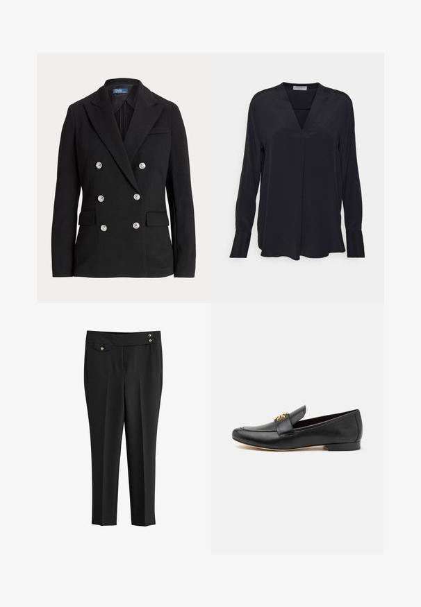 Blazer negro de doble botonadura hecho de tela suave, con botones plateados, solapa con muesca, dos bolsillos frontales y un diseño de corte ajustado.; Blusa negra de manga larga hecha de tela suave. Presenta un escote en V y un corte relajado con un sutil pliegue en la parte delantera. Mangas con puños.; Pantalones negros a medida con frente liso, bolsillos laterales, un pequeño bolsillo con solapa abotonada y dos botones decorativos dorados en la cinturilla.; Mocasines de cuero negro con puntera redondeada, tacón plano y acento en tono dorado en la correa. Textura suave con detalles de diseño mínimos.
