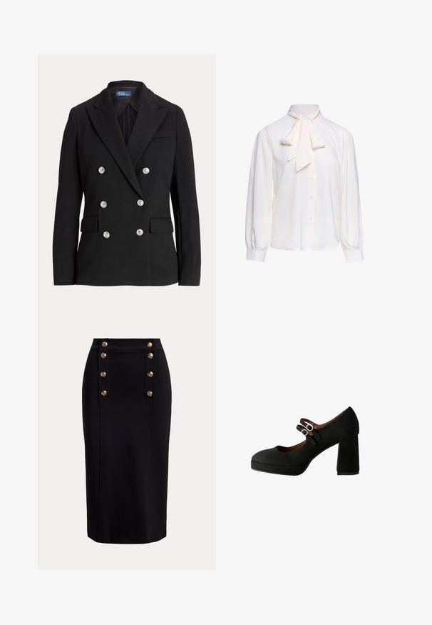 Blazer noir croisé en tissu lisse, avec des boutons argentés, un col cranté, deux poches avant et une coupe slim.; Blouse blanche à manches longues avec boutonnière devant et grand nœud noué au col sur un fond uni.; Jupe crayon noire longueur genou avec panneau vertical devant et deux rangées de six boutons décoratifs dorés.; Chaussure Mary Jane en daim noir avec doubles boucles, bout arrondi, semelle plateforme et talon haut carré.