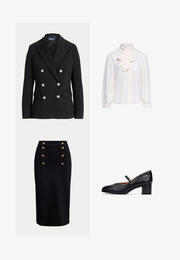 Sort dobbeltradet blazer lavet af glat stof, med sølvfarvede knapper, hakket revers, to forlommer og et slankt snit.; Hvid bluse med lange ærmer med knapper foran og en stor bundet sløjfe ved halsudskæringen på en ensfarvet baggrund.; Sort knælang pencilskirt med front lodret panel og to rækker af seks gyldne dekorative knapper.; Sorte læder Mary Jane sko med rund tå, ankelrem med en rund spænde og en mid-høj træblok hæl. Teksturerede detaljer på hælen.
