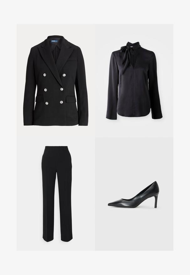 Blazer negro de doble botonadura hecho de tela suave, con botones plateados, solapa con muesca, dos bolsillos frontales y un diseño de corte ajustado.; Blusa negra de manga larga en tejido suave con escote en V y detalle de cuello atado. Presenta un corte recto y sutiles acentos de costura.; Pantalones negros de pierna recta con una textura suave. Presentan una cintura y sin patrones ni acentos visibles. Diseño clásico y ajustado.; Zapato de tacón negro de cuero con punta afilada y un tacón delgado, textura suave y sin adornos visibles. Diseño limpio con una estética minimalista.