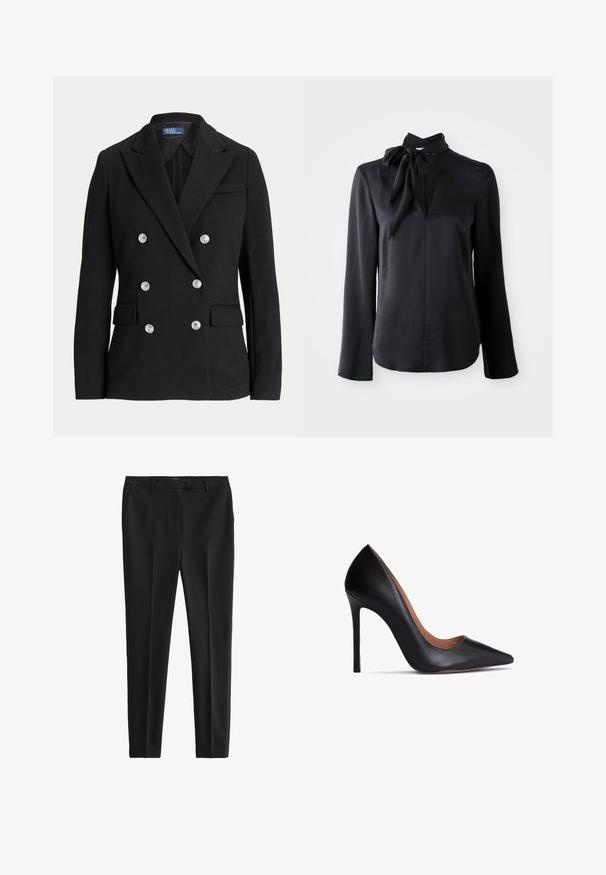 Sort dobbeltradet blazer lavet af glat stof, med sølvfarvede knapper, hakket revers, to forlommer og et slankt snit.; Sort langærmet bluse i glat stof med V-udskæring og en bundet kragedetalje. Har lige snit og subtile stikninger.; Sorte bukser i et glat, letvægtsstof. Har en skræddersyet pasform, forkantede folder og standard bæltestropper med sidelommer og baglommer.; Sort læder højhælede sko med spids tå og glat overflade. Har en slank stiletto-hæl og hævet svangdesign.