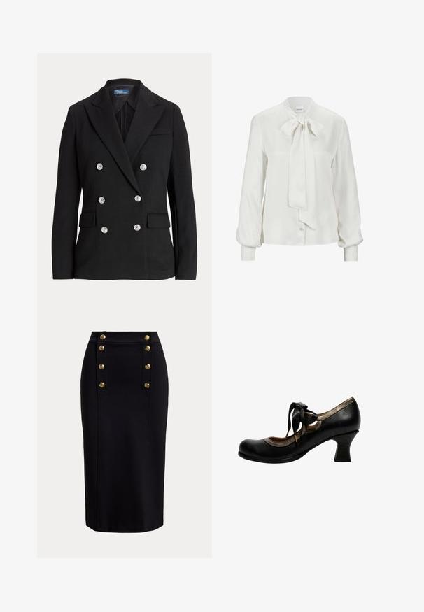 Zwarte dubbelgeknoopte blazer van gladde stof, met zilveren knopen, een notch-revers, twee voorzakken en een slanke pasvorm.; Witte blouse van gladde stof, met een strik aan de kraag, lange pofmouwen en een knoopsluiting aan de voorkant.; Zwarte kokerrok met hoge taille en verticale gouden knopen gerangschikt in twee rijen vlak bij de voorkant van de tailleband.; Zwarte leren schoen met middelhoog hakje, metallic afwerking, ronde neus en zwarte lintveter geknoopt in een strik aan de zijkant.