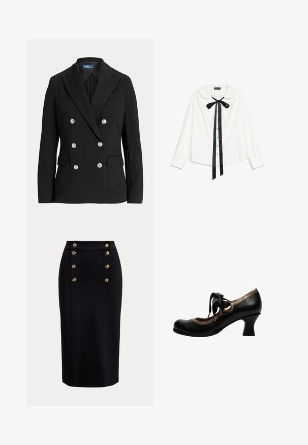 Sort dobbeltradet blazer lavet af glat stof, med sølvfarvede knapper, hakket revers, to forlommer og et slankt snit.; Hvid langærmet bluse med Peter Pan krave, sort satin butterfly ved halsen og perleknapper foran.; Sort knælang pencilskirt med front lodret panel og to rækker af seks gyldne dekorative knapper.; Sort læder sko med mellem-hæl, metallisk kant, rund tå og sort båndsnøring bundet i en sløjfe på siden.