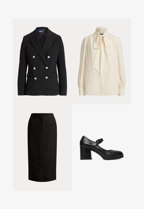 Zwarte dubbelgeknoopte blazer van gladde stof, met zilveren knopen, een notch-revers, twee voorzakken en een slanke pasvorm.; Crèmekleurige blouse met lange mouwen, hoge kraag en grote gestrikte strik aan de hals, met geplooide schouders en knoopmanchetten.; Zwarte kokerrok tot op de knie met dunne verticale witte speldenstrepen en een tailleband met knoopdetail.; Zwarte leren Mary Jane-schoen met een afgeronde neus, stevige blokhak en verstelbare gespband over de wreef.