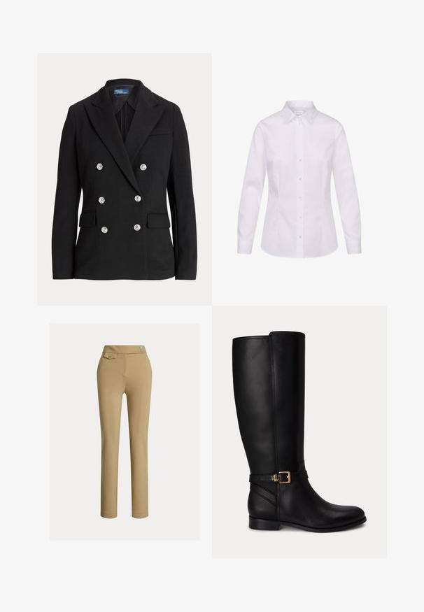 Sort dobbeltradet blazer lavet af glat stof, med sølvfarvede knapper, hakket revers, to forlommer og et slankt snit.; Hvid langærmet skjorte med knapper, spids krave og tilpasset talje, vist på hvid baggrund.; Beige slim-fit kvindebukser med høj talje, to knapper i siden og en lille lomme med knap nær taljebåndet.; Sort knæhøj læderstøvle med lav hæl, guldlås og lille præget logo på sidespændet.