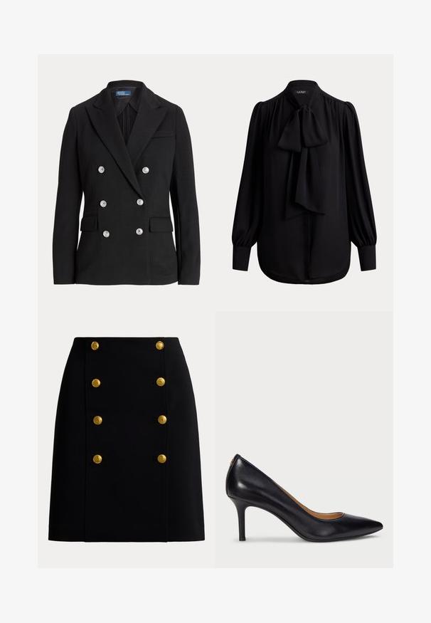 Zwarte dubbelgeknoopte blazer van gladde stof, met zilveren knopen, een notch-revers, twee voorzakken en een slanke pasvorm.; Zwarte blouse met lange mouwen, geplooide schouders, grote strik aan de voorkant, knoopmanchetten en een afgeronde zoom.; Zwarte highwaist rok met twee verticale rijen van zes decoratieve gouden knopen aan de voorkant tegen een effen achtergrond.; Lauren Ralph Lauren LANETTE PUMPS CLOSED TOE - Klassieke pumps - black