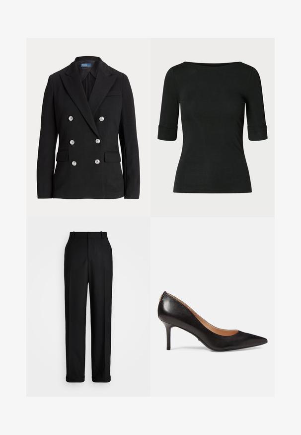 Blazer negro de doble botonadura hecho de tela suave, con botones plateados, solapa con muesca, dos bolsillos frontales y un diseño de corte ajustado.; Camisa negra ajustada con mangas hasta el codo y un escote amplio y redondo sobre un fondo liso.; Polo Ralph Lauren HIGH RISE RELAXED STRAIGHT TROUSER - Pantalones - black; Zapato de tacón de punta afilada en cuero negro con un tacón stiletto de altura media y textura suave. Presenta un sutil acento metálico en la parte trasera.