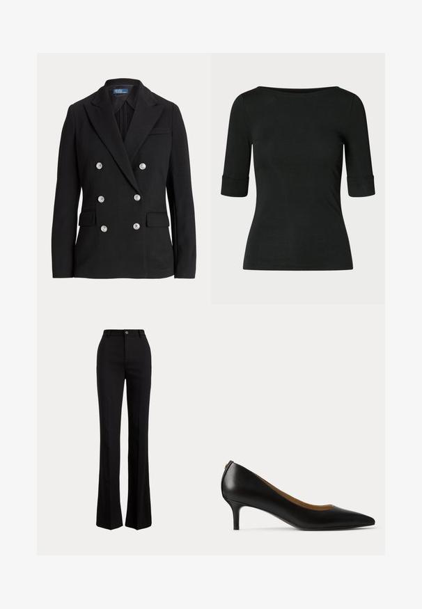 Zwarte dubbelgeknoopte blazer van gladde stof, met zilveren knopen, een notch-revers, twee voorzakken en een slanke pasvorm.; Zwarte fitted top met driekwart mouwen, ronde hals, zachte stof en opgerolde manchetten. Minimalistisch ontwerp zonder patronen of accenten.; Zwarte broek met hoge taille, knoop- en ritssluiting, rechte tailleband met lussen en licht uitlopende pijpen.; Zwarte leren pump met puntige neus, lage kittenhak en een gladde afwerking, zijaanzicht op een effen lichte achtergrond.