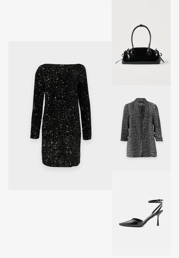 Blazer de leopardo negro y gris con mangas largas, frente abierto y tela suave. Cuenta con un cuello de chal y un corte relajado.; Vestido negro de manga larga hecho de tela de lentejuelas, con escote cuadrado y una silueta ajustada con dobladillo recto.; Zapato de tacón alto negro de punta fina con delgadas correas en el tobillo y cierre de hebilla plateada sobre un fondo liso claro.; Pequeño bolso negro brillante con dos asas largas y detalles de cordón lateral sobre un fondo claro liso.