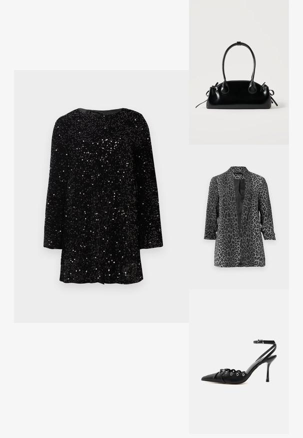 Sort og grå leopardprint blazer med lange ærmer, åben front og glat stof. Har sjalskrave og afslappet pasform.; Sort pailletkjole med rund halsudskæring, lange ærmer og en afslappet pasform. Overfladen har et tekstureret udseende på grund af pailletterne.; Sort spids hæl med bølgede kanter, metaløjer, snørelukning foran og ankelrem med spænde.; Lille sort blank håndtaske med to lange håndtag og snøre-detaljer i siden på en ensfarvet lys baggrund.
