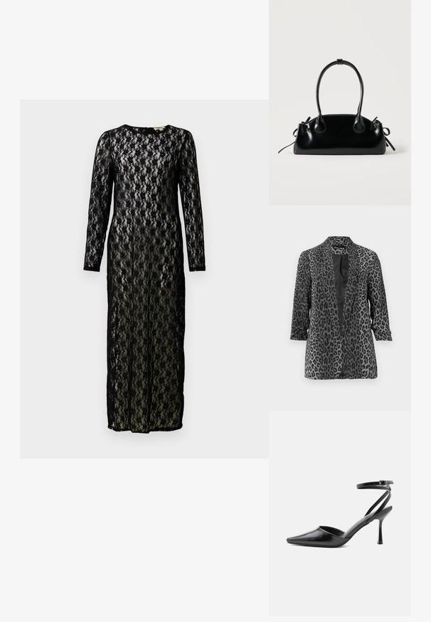 Zwarte en grijze luipaardprint blazer met lange mouwen, open voorkant en een gladde stof. Heeft een sjaalkraag en een relaxte pasvorm.; Langsleeve, vloerlange zwarte kanten jurk met bloempatroon en een effen voering eronder, weergegeven tegen een effen achtergrond.; Zwarte pumps met puntige neus, dunne enkelbandjes en een zilveren gesp op een effen lichte achtergrond.; Kleine zwarte glanzende handtas met twee lange hengsels en zijkant trekkoord details op een effen lichte achtergrond.