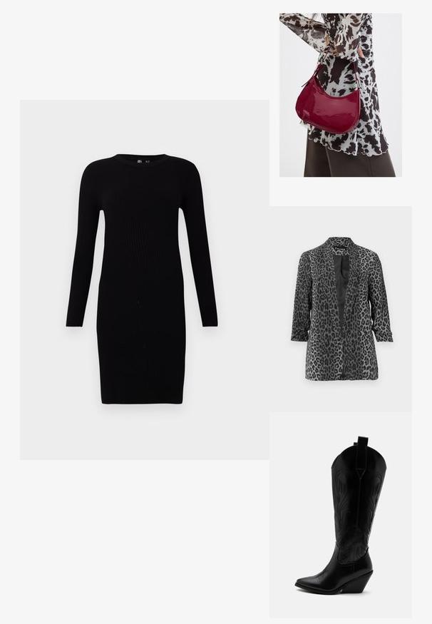 Sort og grå leopardprint blazer med lange ærmer, åben front og glat stof. Har sjalskrave og afslappet pasform.; Sort ribbet sweaterkjole med lange ærmer, rund halsudskæring, tætsiddende silhuet og mellemlang længde. Glat tekstur, minimalistisk design.; Sort læder cowboystøvle med spidst tåparti, skråt blokhælhæl, dekorative sømme og trækstropper øverst mod hvid baggrund.; Kvinde iført en sort- og hvidmønstret bluse, der holder en blank rød skuldertaske mod en ensfarvet baggrund.