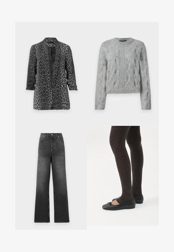 Sort og grå leopardprint blazer med lange ærmer, åben front og glat stof. Har sjalskrave og afslappet pasform.; Grå kabelstrik langærmet sweater med rund hals og ribbet manchetter og kant, præsenteret på hvid baggrund.; Højtaljede, vide jeans lavet af mørkegrå denim. Har en klassisk fem-lomme design og stitched kantdetaljer.; Ben iført mørke ribbede leggings kombineret med sorte balletsko med små sløjfedetaljer på hvid baggrund.