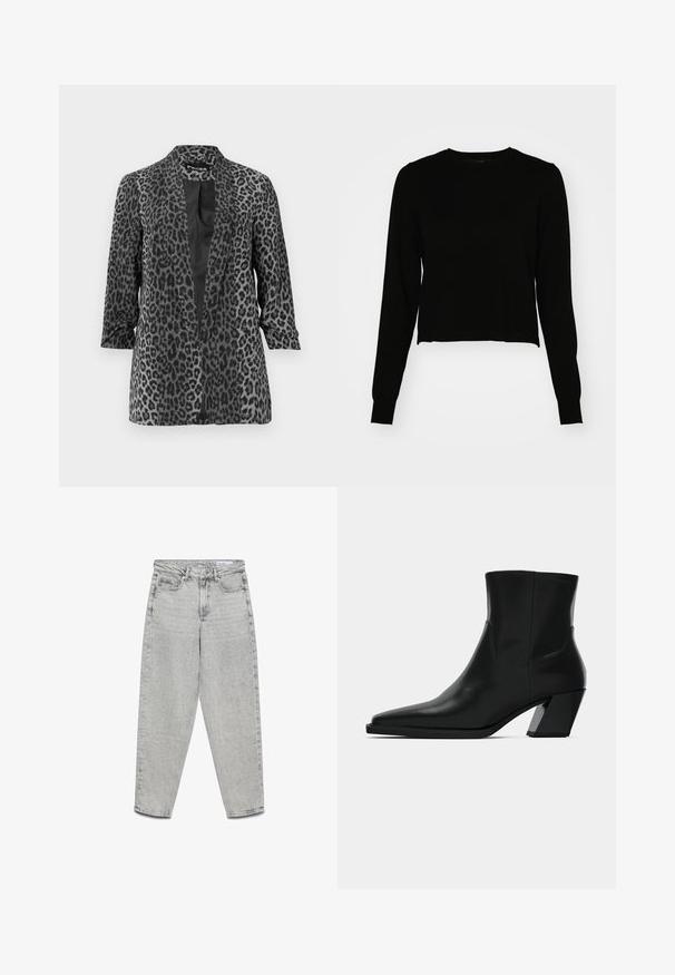 Zwarte en grijze luipaardprint blazer met lange mouwen, open voorkant en een gladde stof. Heeft een sjaalkraag en een relaxte pasvorm.; Zwarte, cropped trui met lange mouwen, geribbelde textuur en een ronde halslijn. De zoom is lichtelijk ongelijk, wat de moderne uitstraling versterkt.; Lichtgrijze jeans met hoge taille en rechte pijpen, voorzakken, riemlussen en een ritssluiting.; Zwarte leren enkelboot met een spitse neus, een slanke silhoeet en een chunky vierkante hak. Gladde textuur met minimale stikdetails.