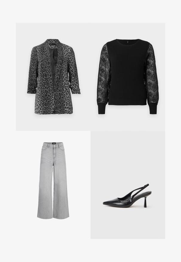 Blazer en imprimé léopard noir et gris avec des manches longues, devant ouvert et tissu lisse. Doté d'un col châle et d'une coupe décontractée.; Pull en noir avec texture côtelée et longues manches en dentelle ornées de motifs floraux. Encolure ronde et poignets ajustés.; Jean large gris clair à taille haute, bouton à l'avant, fermeture éclair, passants pour ceinture et étiquette de marque sur la ceinture.; Chaussure à talon haut en cuir noir, à bride arrière, avec un bout pointu et un talon fin sur fond blanc.