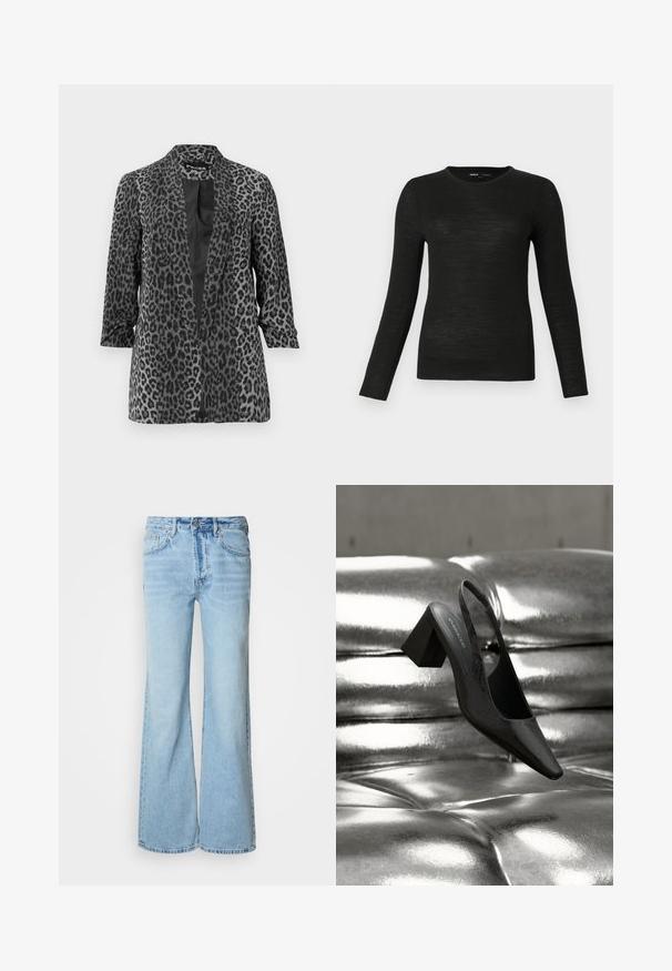 Blazer de leopardo negro y gris con mangas largas, frente abierto y tela suave. Cuenta con un cuello de chal y un corte relajado.; Suéter ajustado de manga larga y cuello redondo en color negro, con una textura suave, exhibido sobre un fondo gris claro liso.; Vaqueros azul claro con diseño de pierna acampanada, fabricados en mezclilla, con cierre frontal de botones, cinco bolsillos y un sutil efecto desgastado.; Tacón destalonado negro con punta en forma de pico, con superficie texturizada y tacón ancho y grueso. Colocado sobre un fondo metálico brillante.
