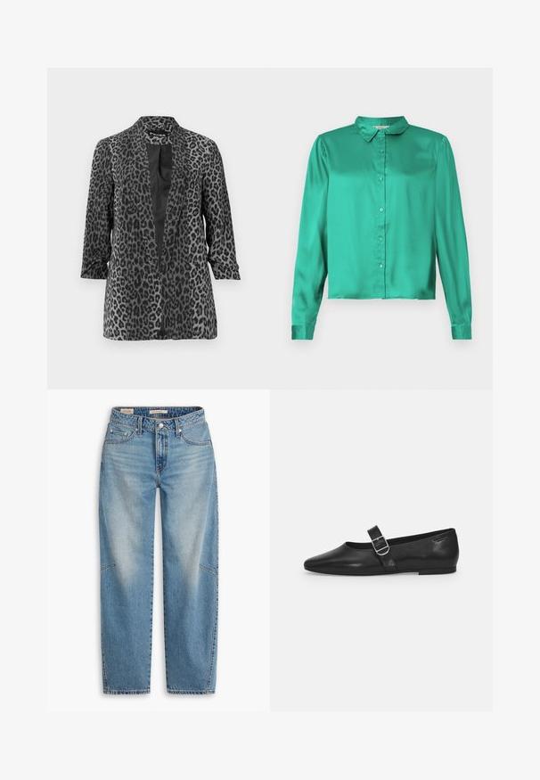 Zwarte en grijze luipaardprint blazer met lange mouwen, open voorkant en een gladde stof. Heeft een sjaalkraag en een relaxte pasvorm.; Groene satijnen blouse met een kraag, lange mouwen en knopen aan de voorkant. Soepele textuur, cropped lengte en subtiele glans. Eenvoudig ontwerp.; Lichtblauwe spijkerbroek van denim met een losse pasvorm, rechte pijpen, een knoopsluiting en vijf zakken, voorzien van subtiele vervaging en stikseldetails.; Zwarte leren platte schoen met een ronde neus, een enkele verstelbare gespsluiting en een gladde, glanzende textuur. Minimalistisch ontwerp met een lage hak.