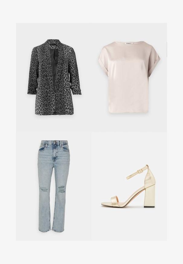 Blazer de leopardo negro y gris con mangas largas, frente abierto y tela suave. Cuenta con un cuello de chal y un corte relajado.; Blusa beige de satén de manga corta con puños remangados y escote barco de la marca ONLY.; GAP LOOSE CHRISTY - Vaqueros boyfriend - light wash; Sandalia de tacón alto dorada metálica con un amplio tacón de bloque, punta abierta y correa de tobillo ajustable; textura suave y diseño minimalista.