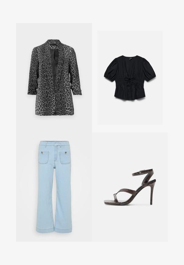 Blazer en imprimé léopard noir et gris avec des manches longues, devant ouvert et tissu lisse. Doté d'un col châle et d'une coupe décontractée.; Blouse noire manches courtes avec col en V profond, manches bouffantes, taille élastique et détail nœud noué au centre devant.; Jeans bleu clair au design évasé, dotés de deux poches avant et de deux poches arrière, fabriqués en denim avec des accents de couture visibles.; Sandale à talon haut marron foncé avec fines lanières, boucle à la cheville et motif texturé en peau de serpent sur fond blanc.