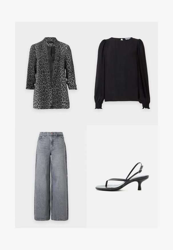 Sort og grå leopardprint blazer med lange ærmer, åben front og glat stof. Har sjalskrave og afslappet pasform.; Sort bluse med lange, puffede ærmer. Har en rund halsudskæring, åbning i nakken og elastiske manchetter for et tætsiddende look. Glat tekstur.; Bredde ben denim jeans i en falmet grå vask, med fem lommer, en knaplukning og en blød tekstur med subtile fældningsdetaljer.; Sort sandal med tynde stropper, lav kittenhæl, tynd tællerem og justerbar ankelrem med sølvspænde, på hvid baggrund.