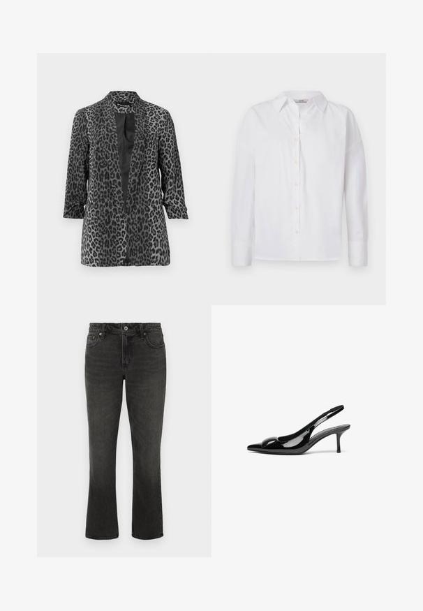 Schwarzer und grauer Leopardenmuster-Blazer mit langen Ärmeln, offenem Frontbereich und glattem Stoff. Verfügt über einen Schalkragen und eine lockere Passform.; Weißes Baumwollhemd mit Knopfleiste, langen Ärmeln, klassischem Kragen und dezenten Stickdetails.; Schwarze Jeans aus Denim mit geradem Bein, fünf Taschen und einem Reißverschluss. Merkmale sind goldene Nähte und eine dezente Ausbleichung.; Schwarze patentierte Slingback-Absätze mit spitzem Zehenbereich und glänzender Oberfläche. Besitzt einen schlanken Absatz und eine abgerundete Akzentuierung am Schuhoberteil.