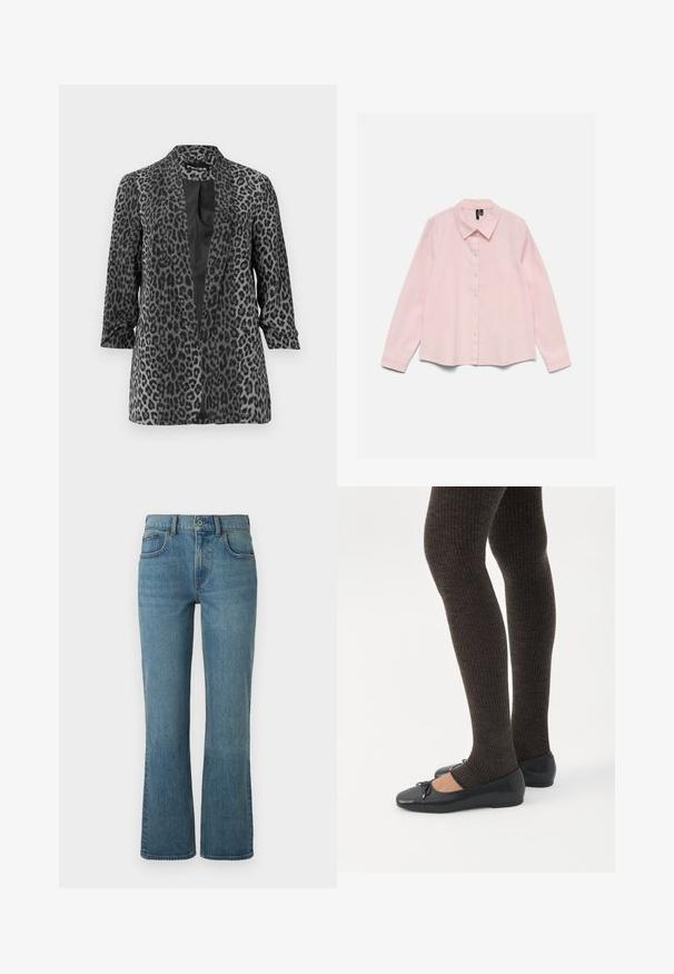 Sort og grå leopardprint blazer med lange ærmer, åben front og glat stof. Har sjalskrave og afslappet pasform.; Langærmet lyserød skjorte med knapper og krave, lagt fladt på en hvid baggrund.; Lysblå flagrende jeans lavet af denim, med fem lommer, en frontknaplukning og subtil fading for tekstur.; Ben iført mørke ribbede leggings kombineret med sorte balletsko med små sløjfedetaljer på hvid baggrund.