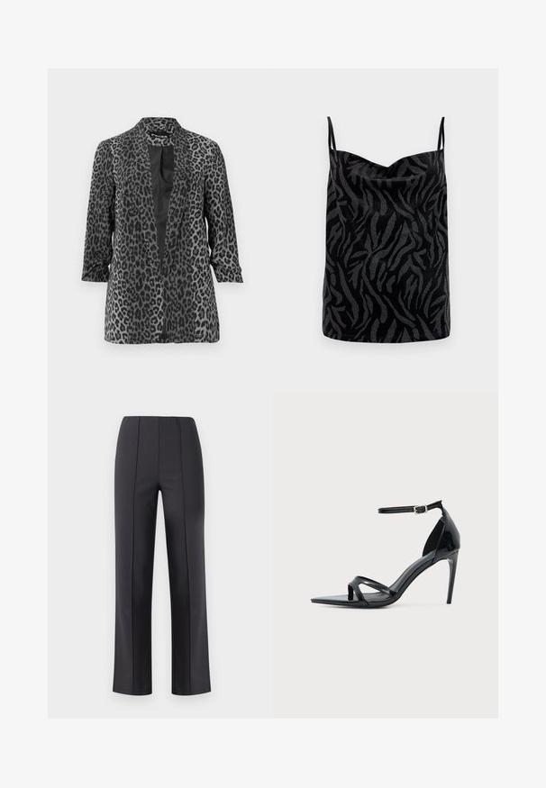 Zwarte en grijze luipaardprint blazer met lange mouwen, open voorkant en een gladde stof. Heeft een sjaalkraag en een relaxte pasvorm.; Zwarte camisole met een glanzend oppervlak, voorzien van een gestructureerd, abstract zebraprintpatroon in contrasterend grijs. Verstelbare dunne bandjes.; Zwarte, op maat gemaakte rechte broek met voorste naden en een elastische tailleband, getoond tegen een effen lichte achtergrond.; Zwarte lakleren sandalen met hoge hak, dunne enkelband, open teen en minimalistisch ontwerp op een effen lichte achtergrond.