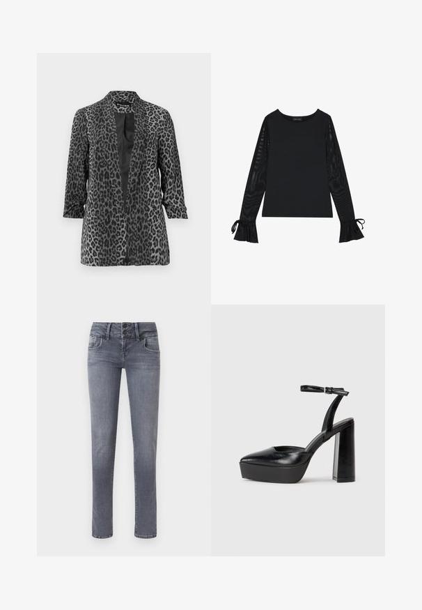 Blazer en imprimé léopard noir et gris avec des manches longues, devant ouvert et tissu lisse. Doté d'un col châle et d'une coupe décontractée.; Haut noir avec un corps uni et des manches évasées en voile. Présente des accents à nouer aux poignets. Fabriqué à partir d'un tissu lisse avec une coupe ajustée.; Jean denim gris coupe slim avec cinq poches, passants pour ceinture et double fermeture à bouton à la taille, présenté à plat sur un fond blanc.; Escarpins noirs à plateforme avec un bout pointu et une sangle réglable à la cheville. Conçus en cuir lisse, avec un large talon bloc.