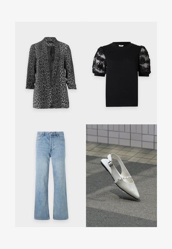 Sort og grå leopardprint blazer med lange ærmer, åben front og glat stof. Har sjalskrave og afslappet pasform.; Sort T-shirt med rund halsudskæring og korte ærmer. Pufærmerne har gennemsigtigt stof med indviklet sort blomsterbroderi.; Lyseblå højtaljede denimjeans med knaplukning, for- og baglommer samt lige ben på en hvid baggrund.; Hvid spids slingback flad sko med to sølvspænder, vist udendørs på tekstureret underlag og flisebelagt væg baggrund.
