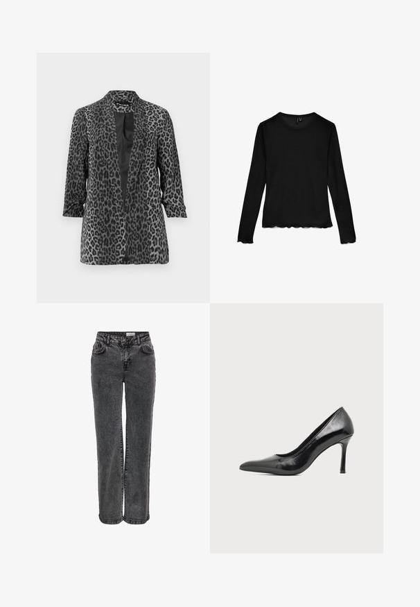 Zwarte en grijze luipaardprint blazer met lange mouwen, open voorkant en een gladde stof. Heeft een sjaalkraag en een relaxte pasvorm.; Zwart shirt met lange mouwen en ronde hals, met geschulpte randen aan de mouwen en zoom, plat gelegd op een witte achtergrond.; Zwarte denim jeans met een rechte pijpdesign, voorzien van zijzakken, riemlussen en een subtiele vervaagde textuur.; Zwarte lakleren damesschoen met hoge hak, puntige neus en smalle hak op een effen lichte achtergrond.