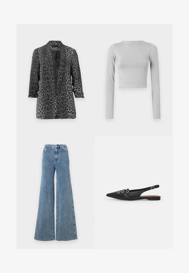 Zwarte en grijze luipaardprint blazer met lange mouwen, open voorkant en een gladde stof. Heeft een sjaalkraag en een relaxte pasvorm.; Lichtgrijze cropped langemouwen top gemaakt van een rekbare stof, met een eenvoudige ronde halslijn en een gladde textuur.; Good American JEANIUS GOOD SKATE - Relaxed fit jeans - indigo; Zwarte leren slingback ballerina met spitse neus, voorzien van twee horizontale bandjes en vierkante zilveren gespen, lage hak en een gladde textuur.