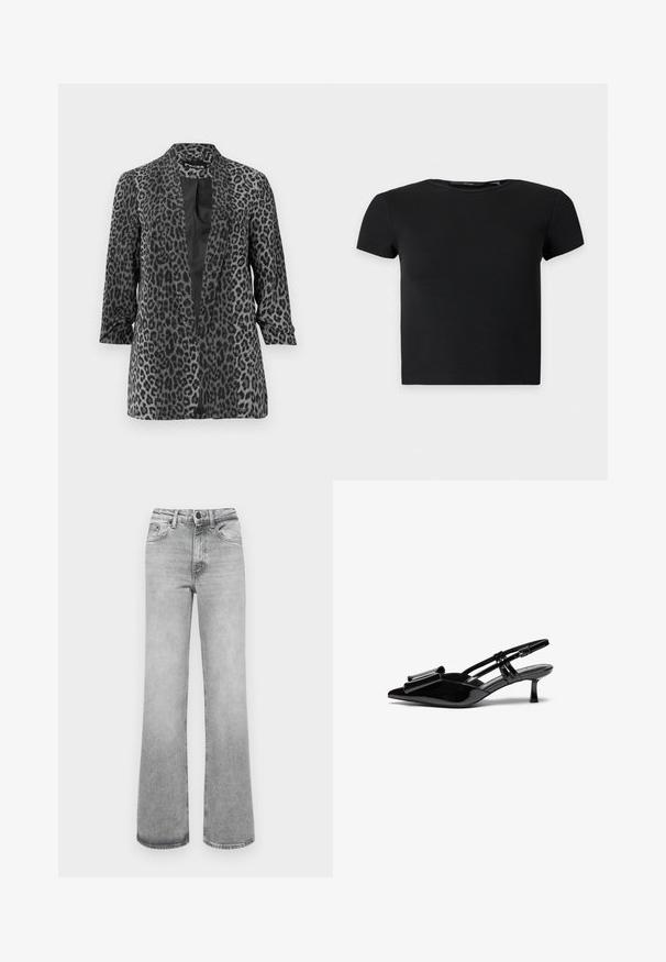 Blazer en imprimé léopard noir et gris avec des manches longues, devant ouvert et tissu lisse. Doté d'un col châle et d'une coupe décontractée.; Top court noir à manches courtes en côte avec un col rond, présenté sur un fond clair uni.; Jeans droits délavés gris clair avec poches avant, passants de ceinture et une fermeture à bouton et à fermeture éclair.; Talons aiguilles en cuir verni noir avec un bout pointu, un détail en nœud à l'avant et un petit talon stiletto. Les brides sont équipées de boucles ajustables.